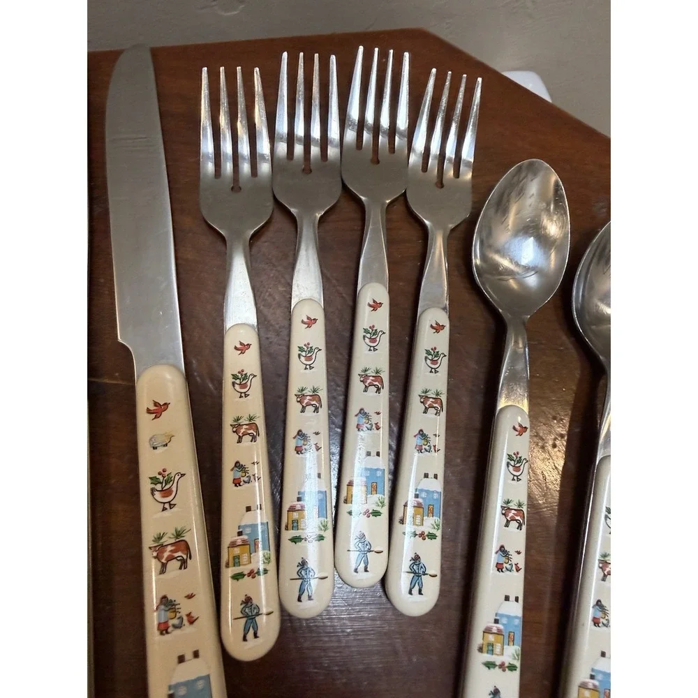 Vintage International Silver Heartland 12 Pc Flatware Set Japan Folk Art Farm